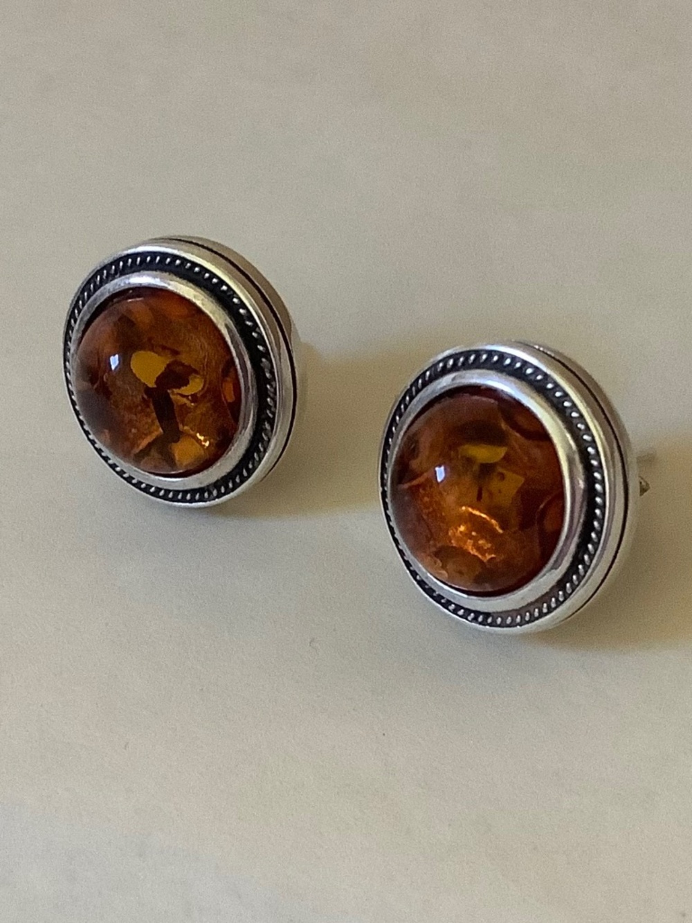 Vintage Baltic Amber Round Stud Earrings Sterling Silver Pierced
